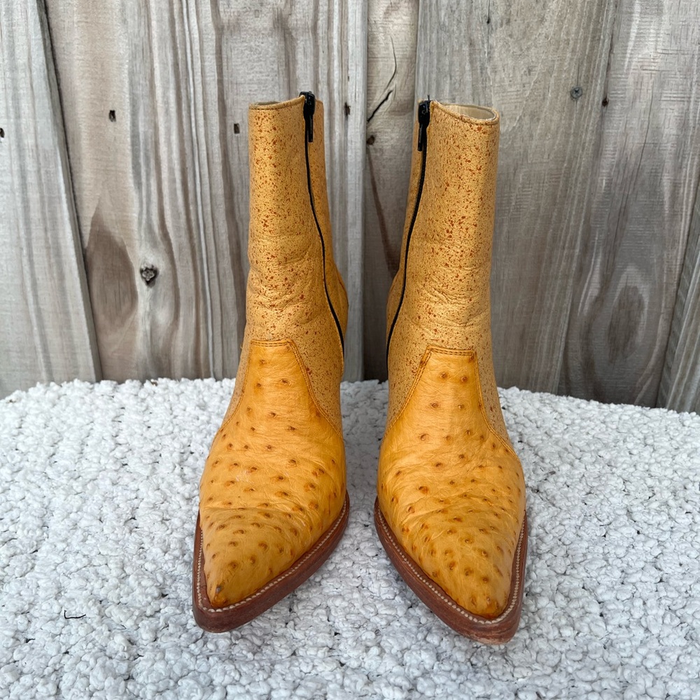 GENUINE OSTRICH- Yellow Pointy toe high heel booties - Picture 3 of 7